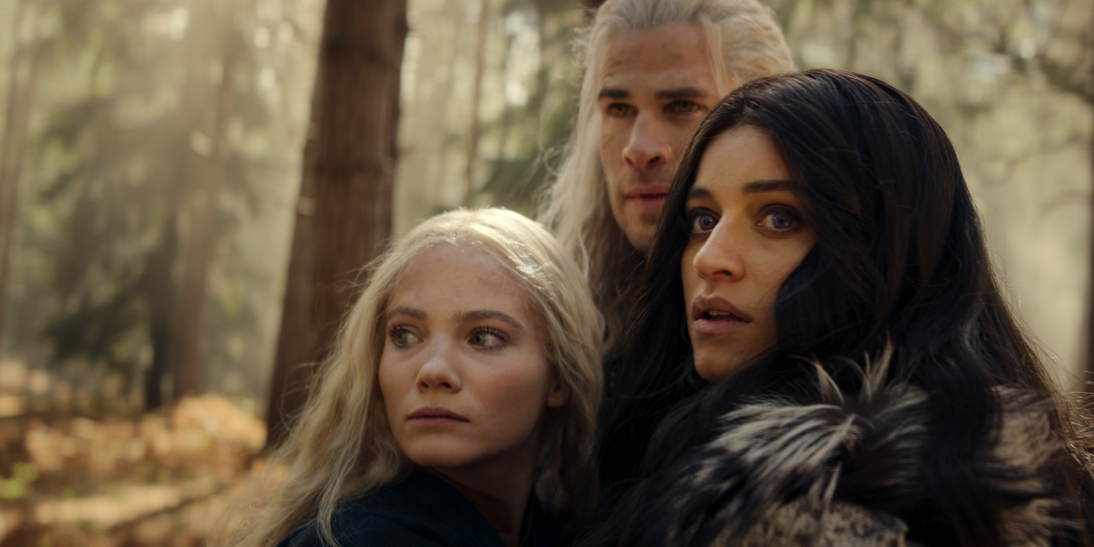 From left: Freya Allan as Ciri, Liam Hemsworth as Geralt, and Anya Chalotra as Yennefer, in 'The Witcher' season 4.