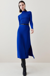 Rib Knit Belted Midi Dress in Cobalt, £95.20 | Karen Millen