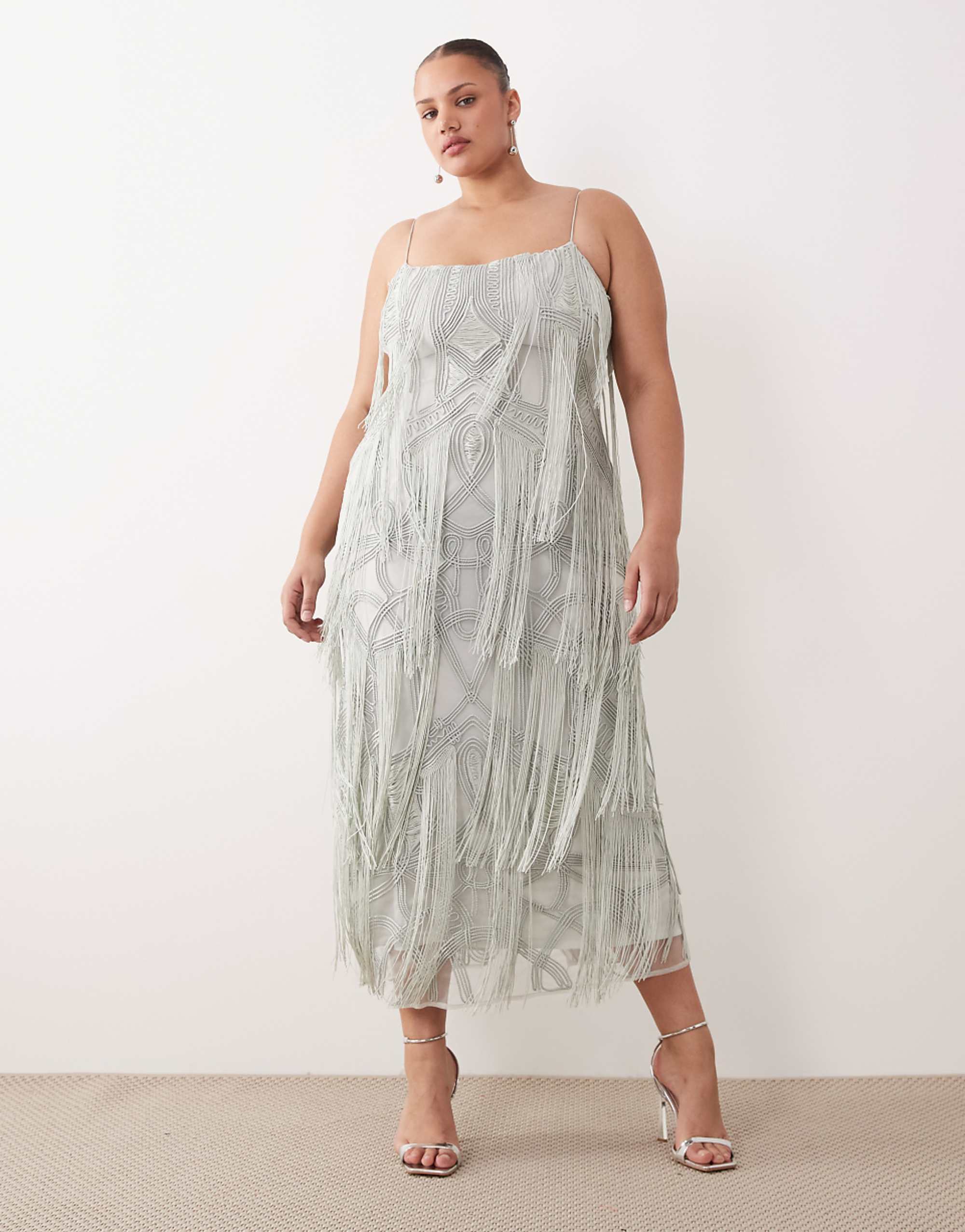 Arrange Curve Geo Fringe Cami Column Maxi Dress in Dusky Blue