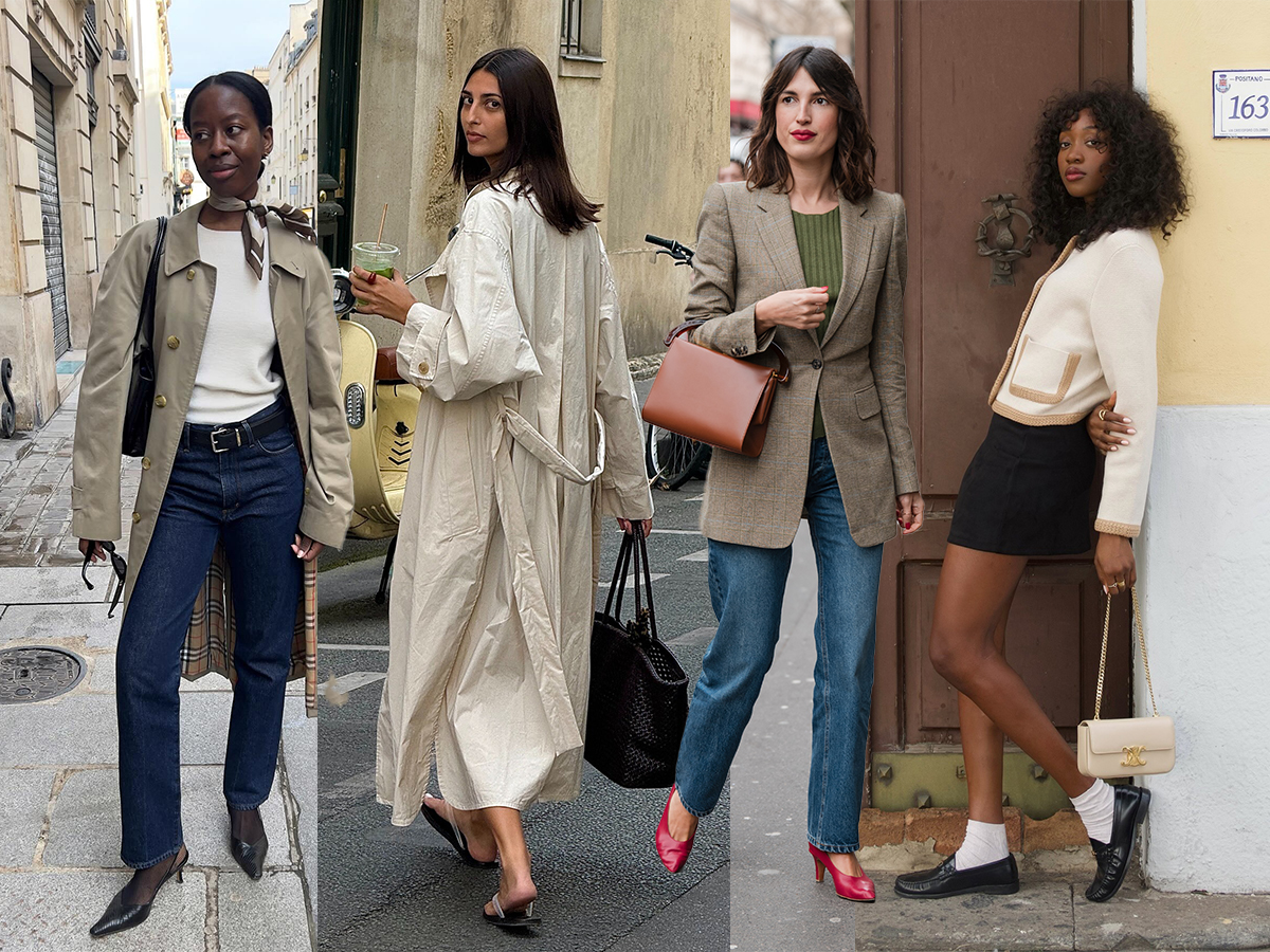 Influencer Sylvie wears a trench coat with a white top and blue jeans. Influencer Salome Mory wears a trench coat with a woven bag. Jeanne Damas wears a blazer with blue jeans and red pumps. Influencer Emmanuelle wears loafers with a black mini skirt and white cardigan.