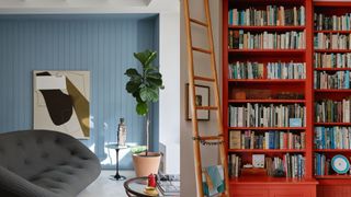 two living room images in blue and coral