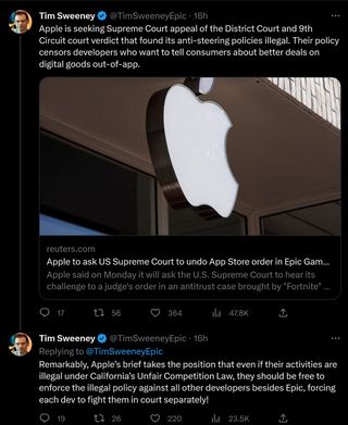 Tim Sweeney tweets about Apple taking Epic to the Supreme Court