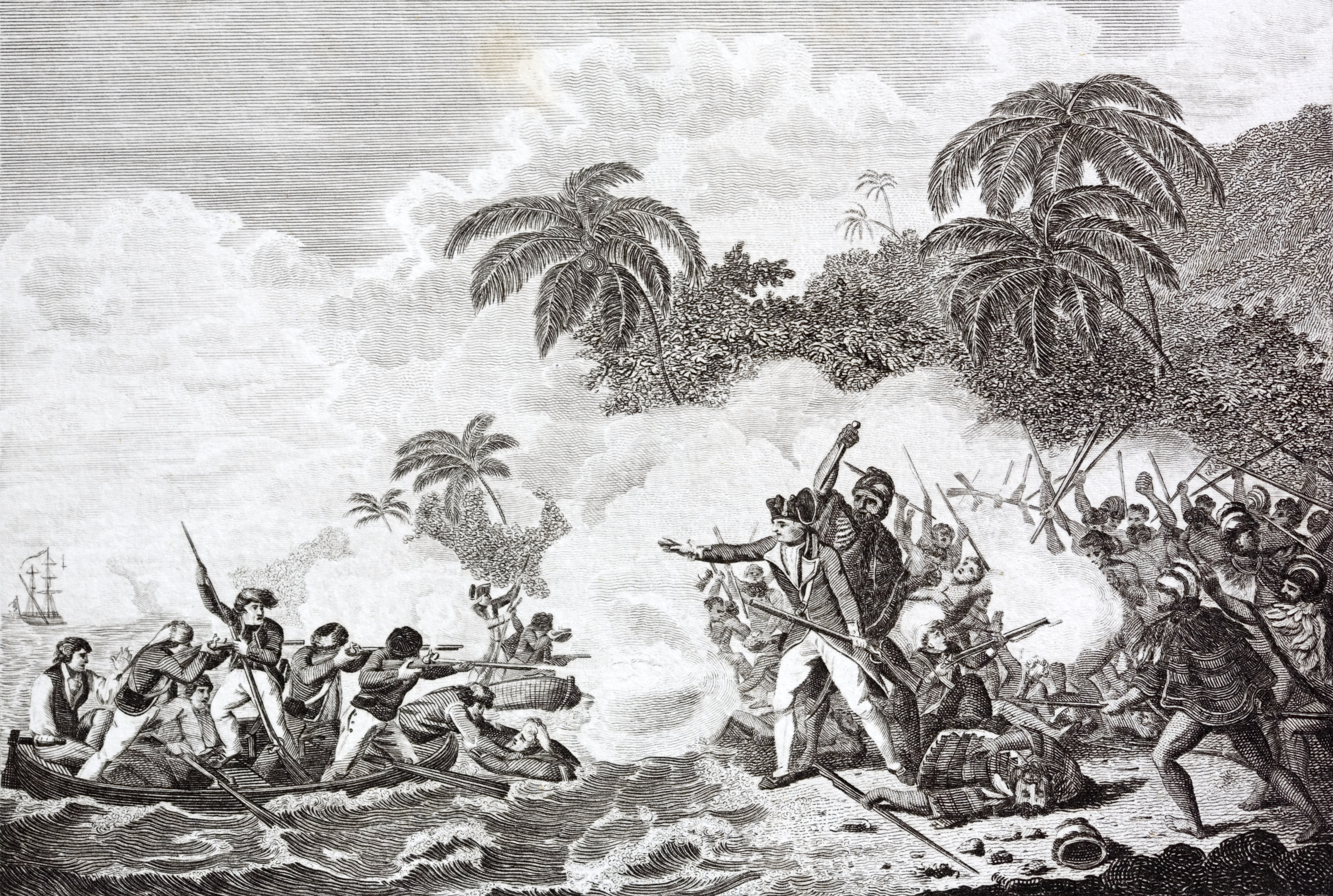 An early 19th century engraving of the death of Captain James Cook