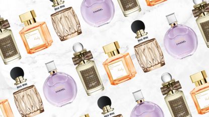 A collage of 2025 perfumes launches our beauty team loved, including product shots of Penhaligon's The Cut /Maison Francis Kurkdjian's Kurky, Miu Miu's Muitine and CHANEL's Eau Splendide perfumes, arranged in a diagonal line patter on a grey and white marbled-effect template
