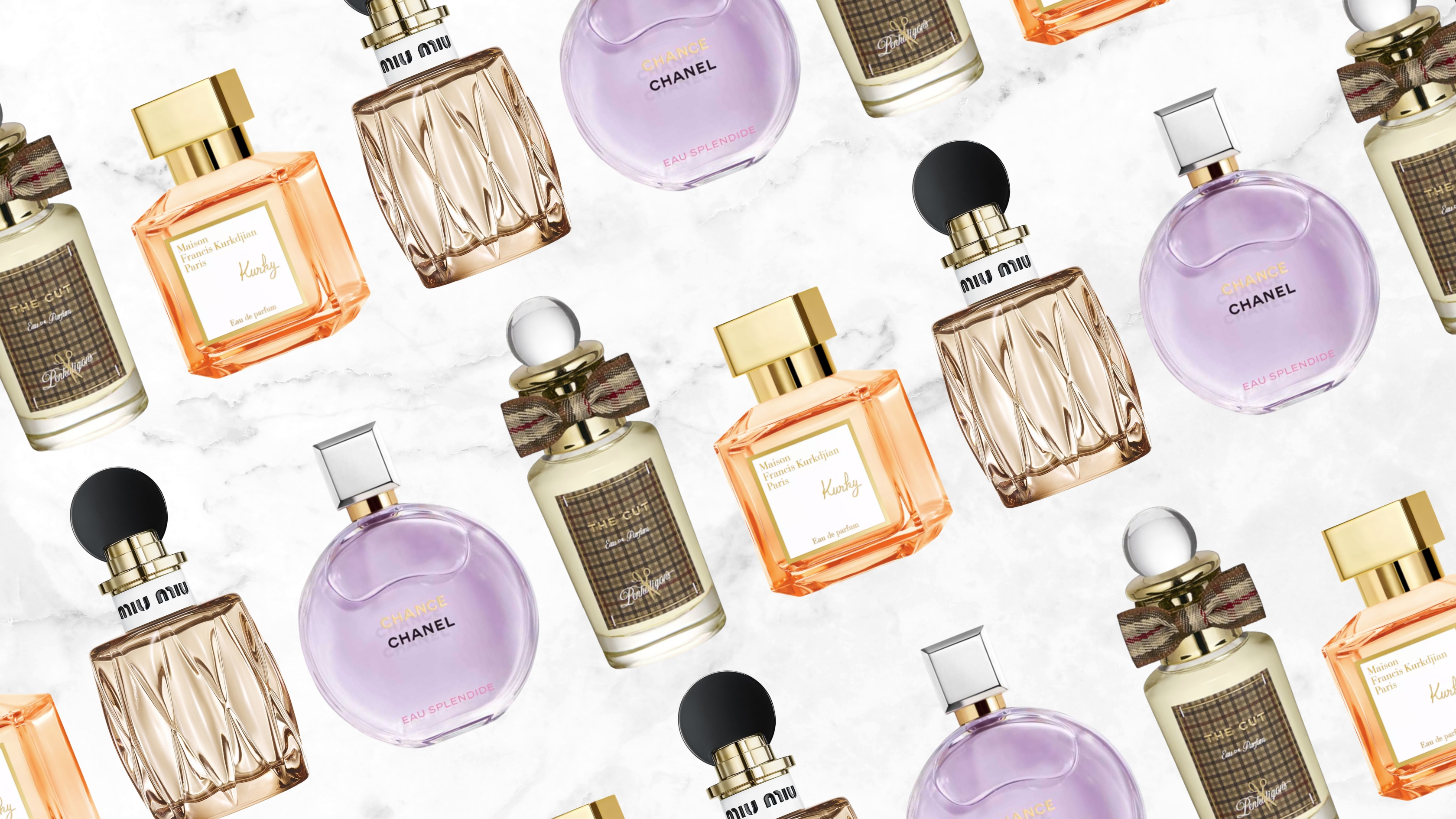 A collage of 2025 perfumes launches our beauty team loved, including product shots of Penhaligon's The Cut /Maison Francis Kurkdjian's Kurky, Miu Miu's Muitine and CHANEL's Eau Splendide perfumes, arranged in a diagonal line patter on a grey and white marbled-effect template