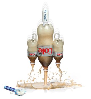 The ThinkGeek SpaceX Vertical Landing Mentos & Diet Coke Rocket, one of the items in the company's line of fake April Fools Day products.