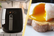 A collage of an air fryer and a poached egg on toast