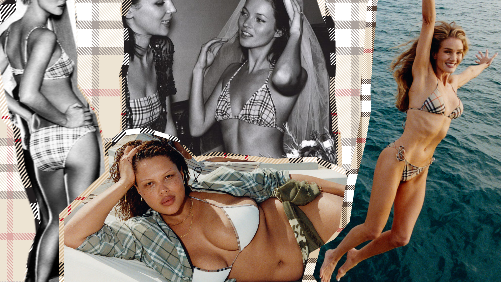 collage of the Burberry check bikini on Kate Moss, Rosie Huntington-Whiteley, Alva Claire