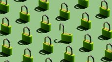 Data breach concept image showing lines of locked padlocks, with one in center unlocked.