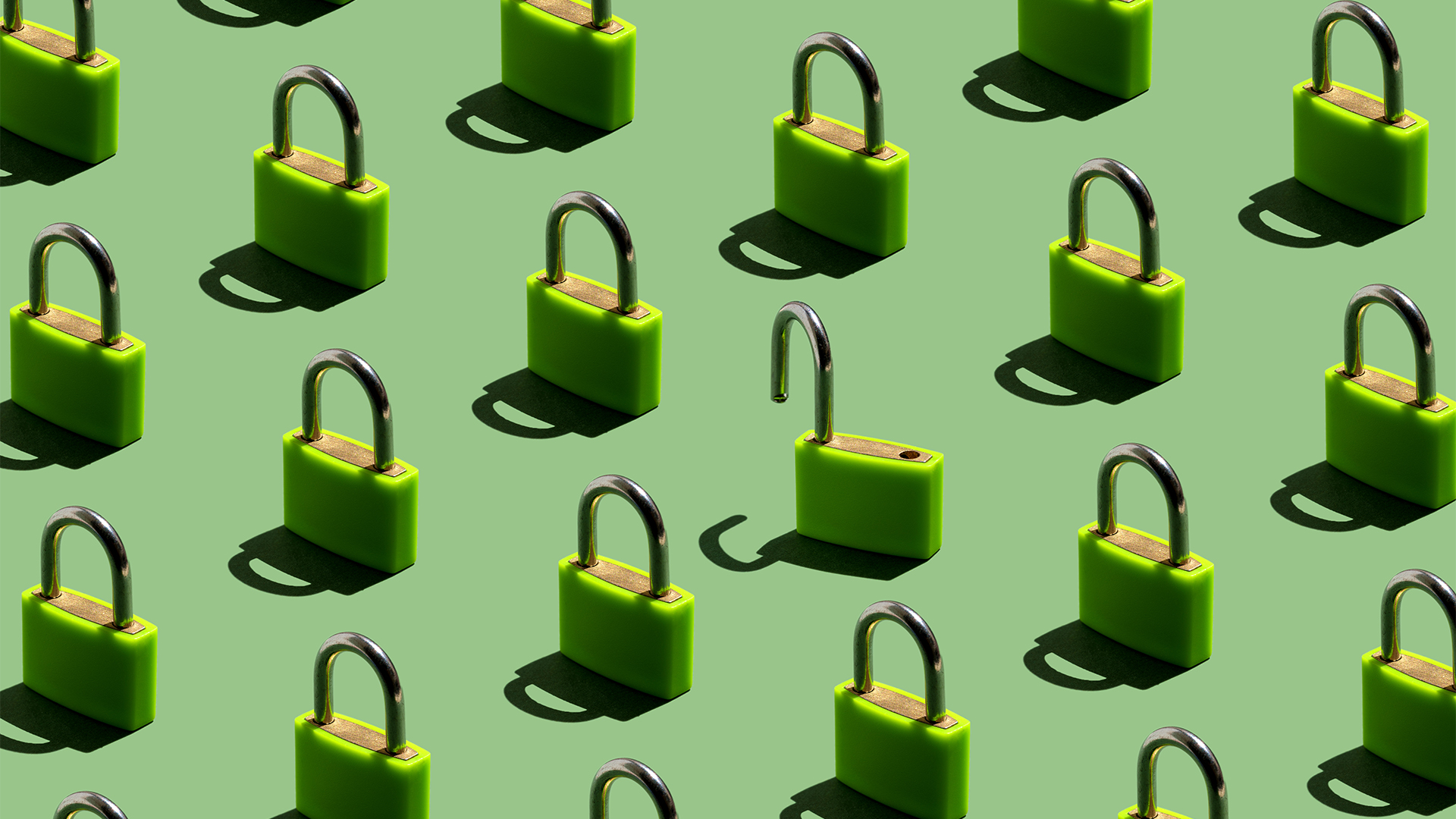 Data breach concept image showing lines of locked padlocks, with one in center unlocked.