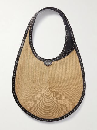 One Piece Medium Embellished Leather-Trimmed Raffia Shoulder Bag