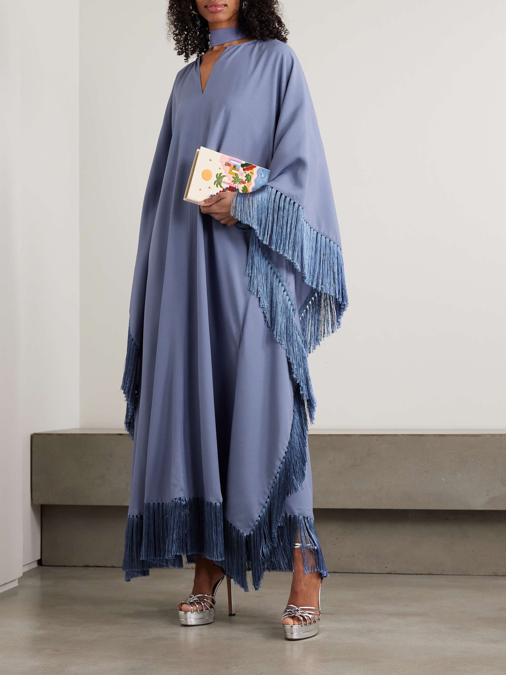 Hammamet Fringed Crepe-Cady Cape-Effect Gown