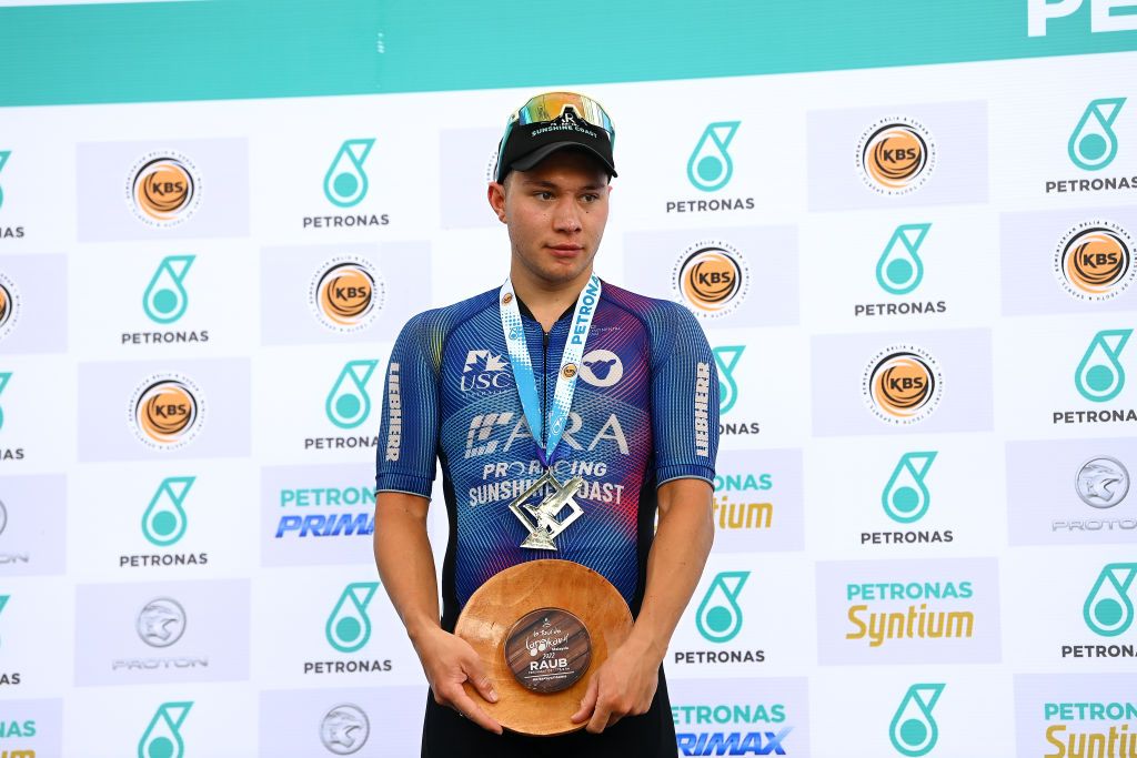 Craig Wiggins (ARA Pro Racing Sunshine Coast) accepting his trophy for a second place, which has now turned into a first