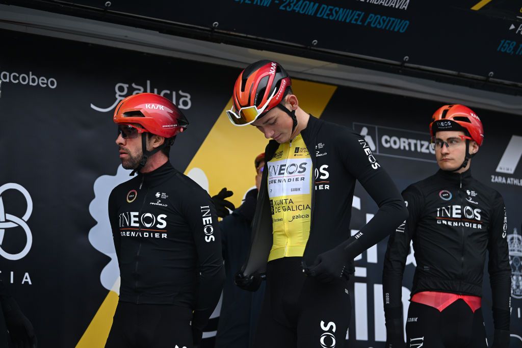TABOADA SPAIN FEBRUARY 23 LR Jonathan Castroviejo of Spain and Joshua Tarling of The United Kingdom and Team INEOS Grenadiers Yellow leader jersey prior to 3rd O Gran Camio The Historical Route 2024 Stage 2 a 1512km stage from Taboada to Chantada 481m on February 23 2024 in Taboada Spain Photo by Dario BelingheriGetty Images
