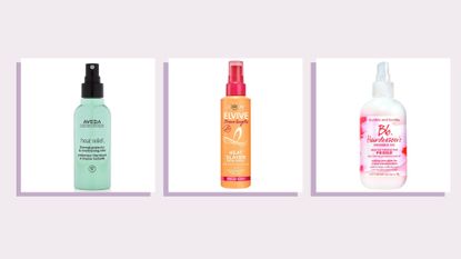 collage image of three of the best heat protection sprays from Aveda, L'Oreal and Bumble & Bumble