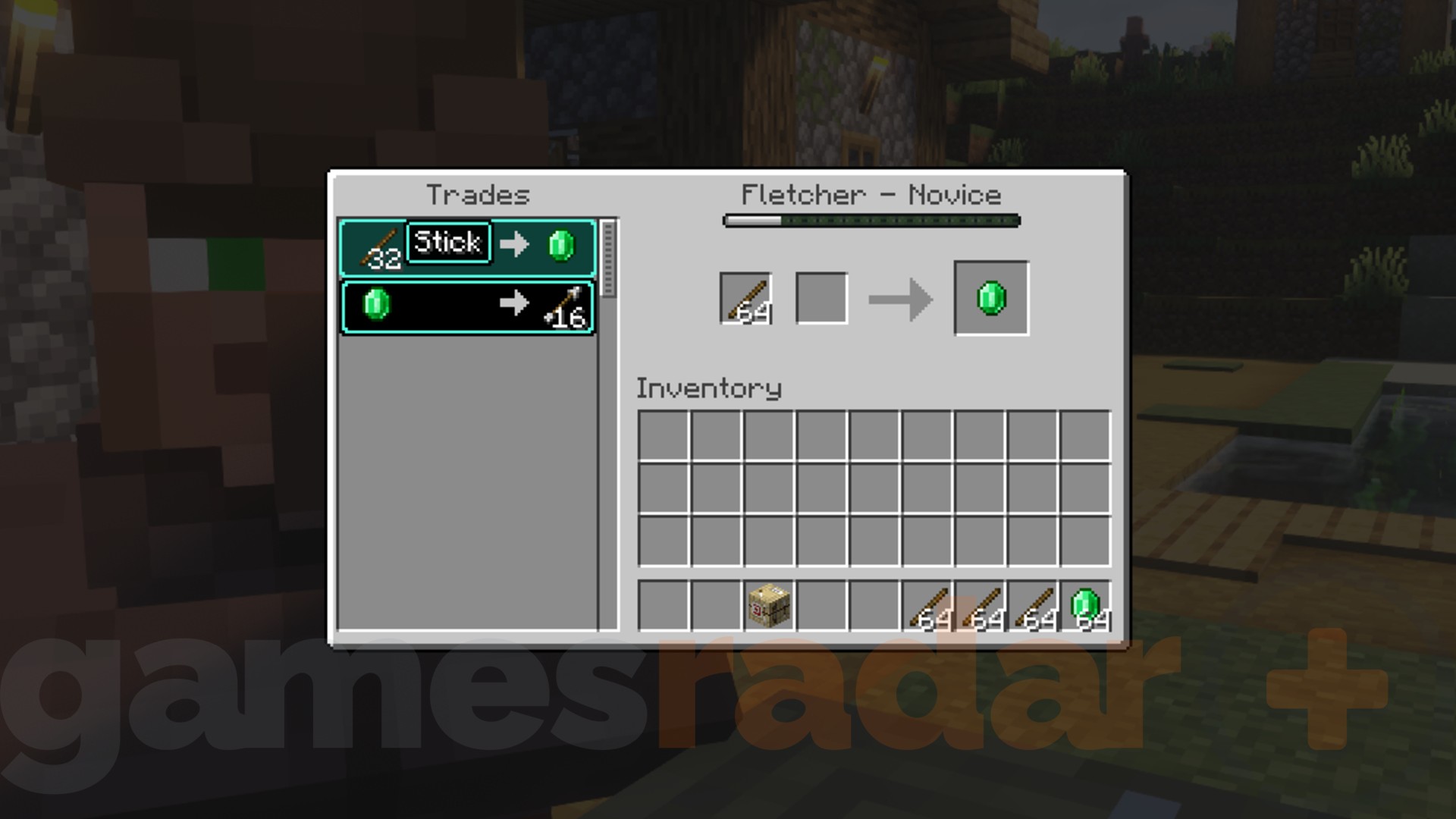 A player trades with a Minecraft fletcher villager.