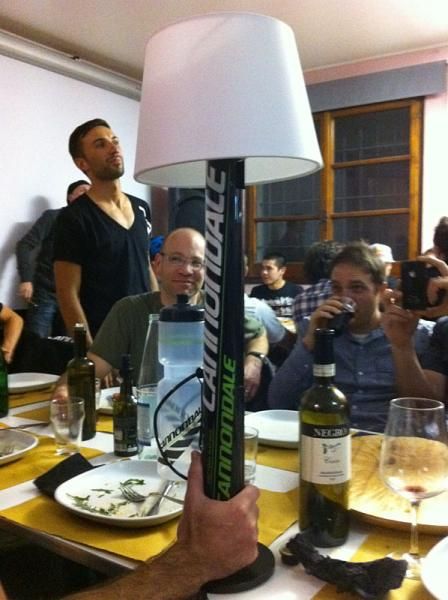 The trophy awarded to the winner of the pizza making contest. According to Cannondale, it was made out of a downtube from Peter Sagan's MTB after he switched over to the road.