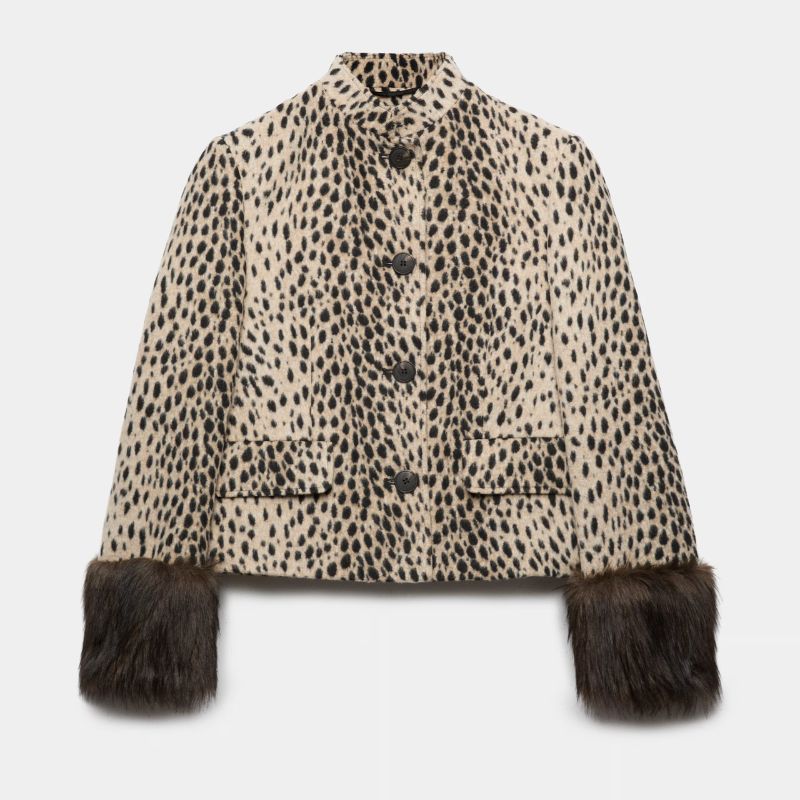 M&amp;amp;S, Animal Print Faux Fur Trim Funnel Neck Coat