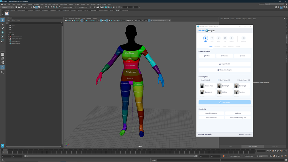 A Zoi model from Inzoi as it appears in the Maya 3D modeling software.