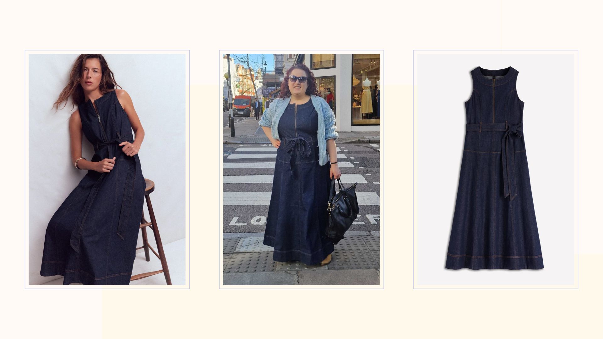 Rivkie Baum in a denim Boden dress alongside a cut out (right) of the dress and a model (left) in the dress
