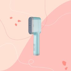 aldi clothes steamer on pink graphic background