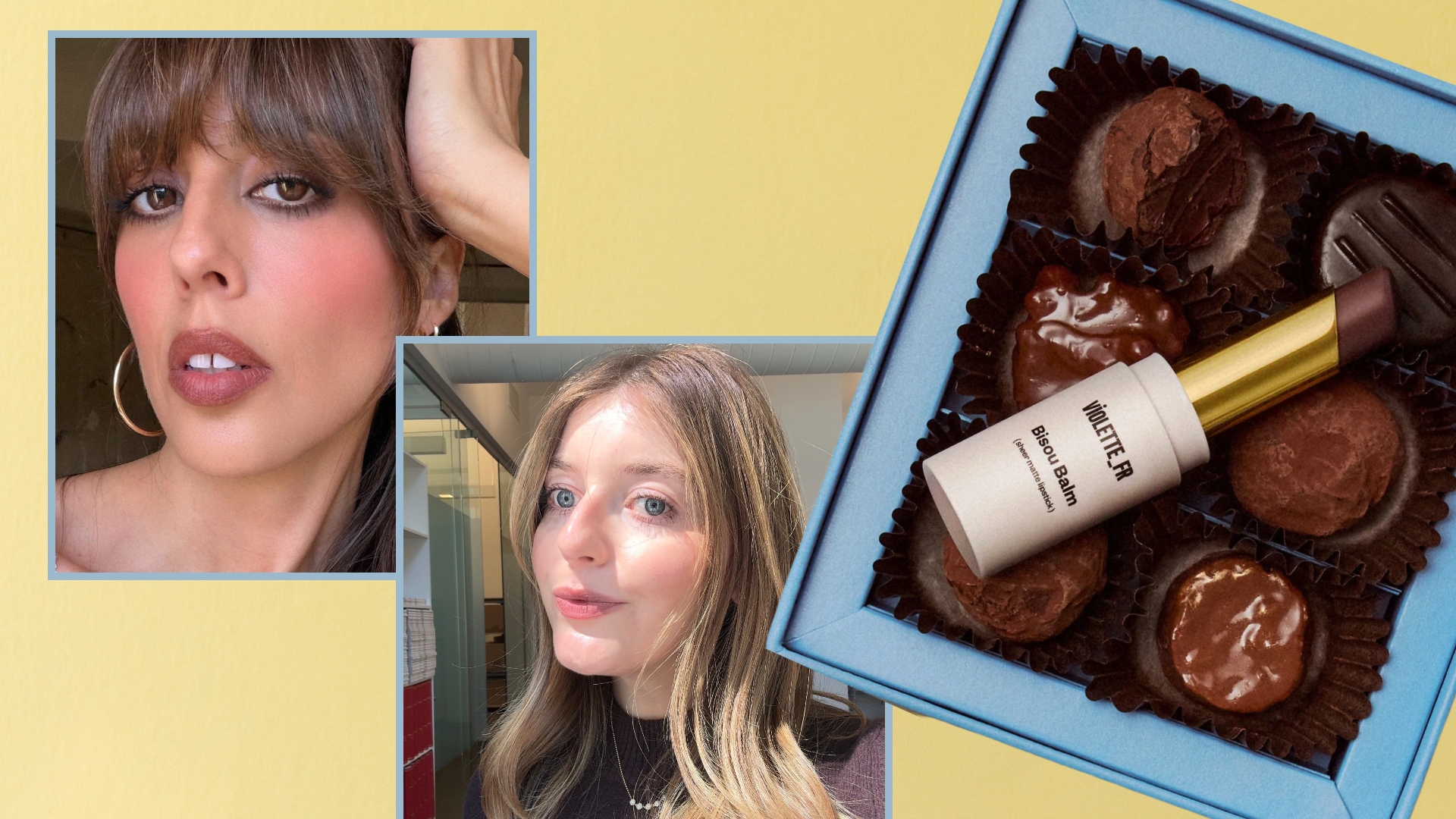 two girls wearing brown lipstick on a yellow background next to brown lipstick on chocolates