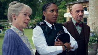 Celia Imrie as Joyce Meadowcroft, Naomi Ackie as PC Donna De Freitas, and Sir Ben Kingsley as Ibrahim Arif in The Thursday Murder Club.