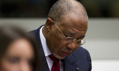 Former Liberian leader Charles Taylor moments before his final verdict is read: Taylor was convicted Thursday of aiding and abetting war crimes.
