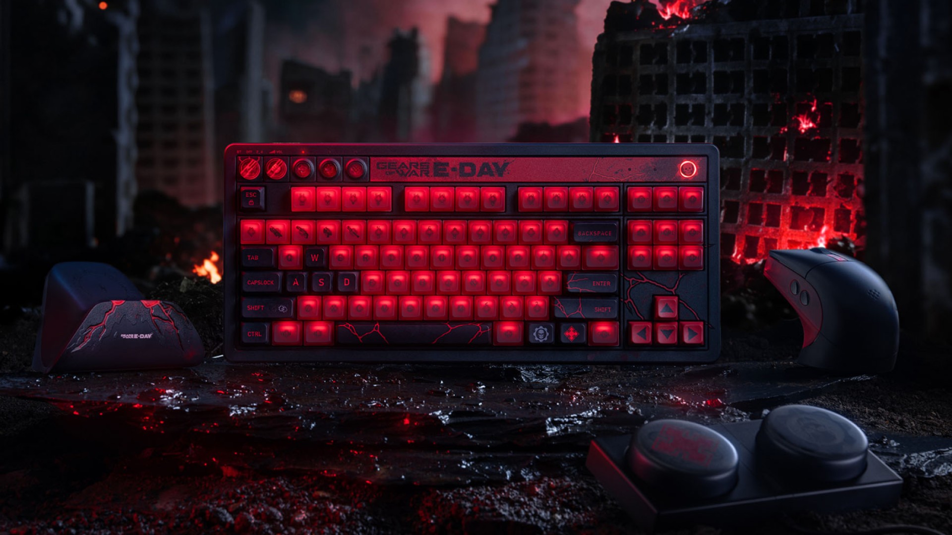 8BitDo Gears of War special edition gaming keyboard and mouse on a burning city background