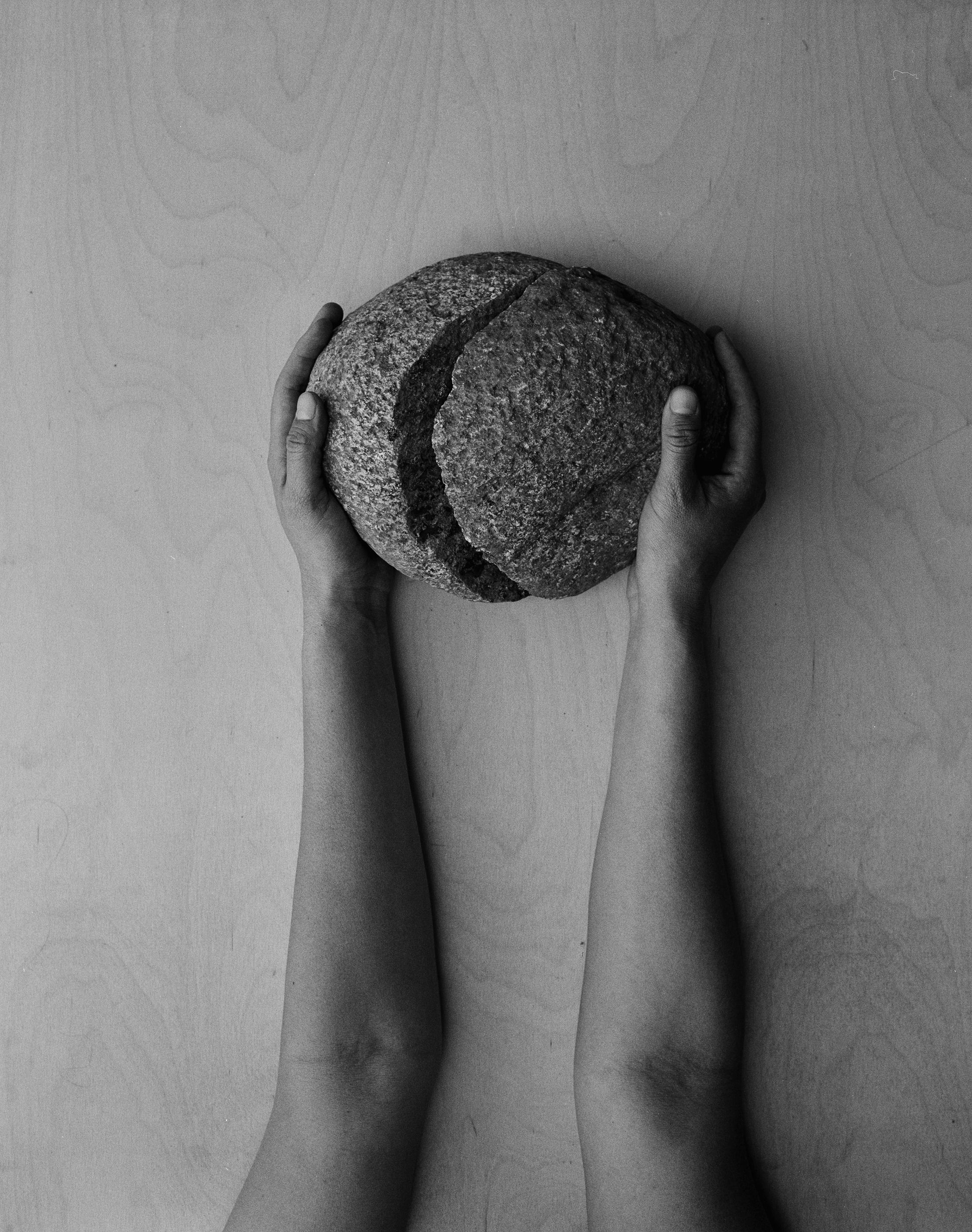 Black and white photograph of two armsholding two parts of a rock in their hands.