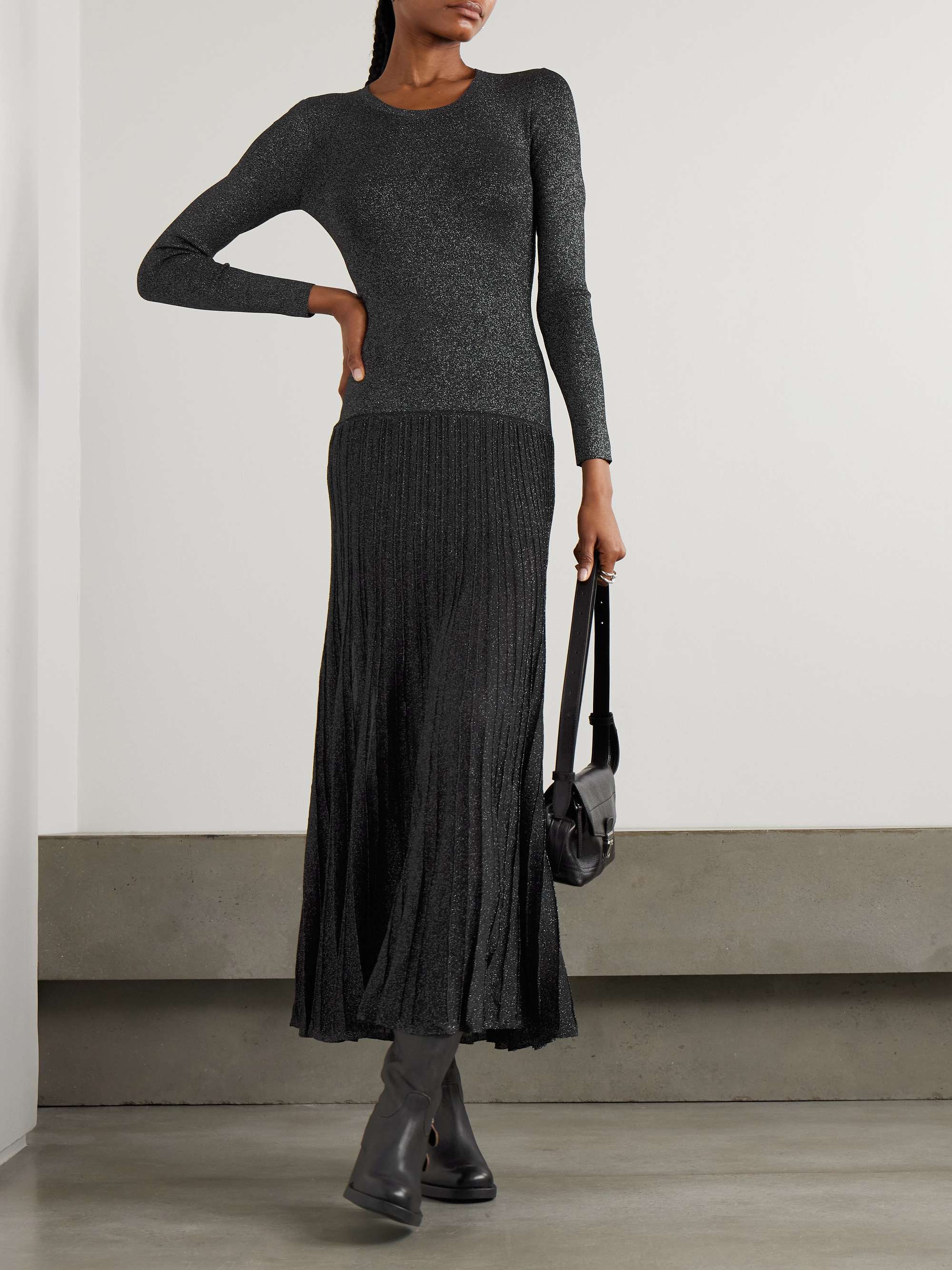 Guetty Pleated Metallic-Knit Midi Dress