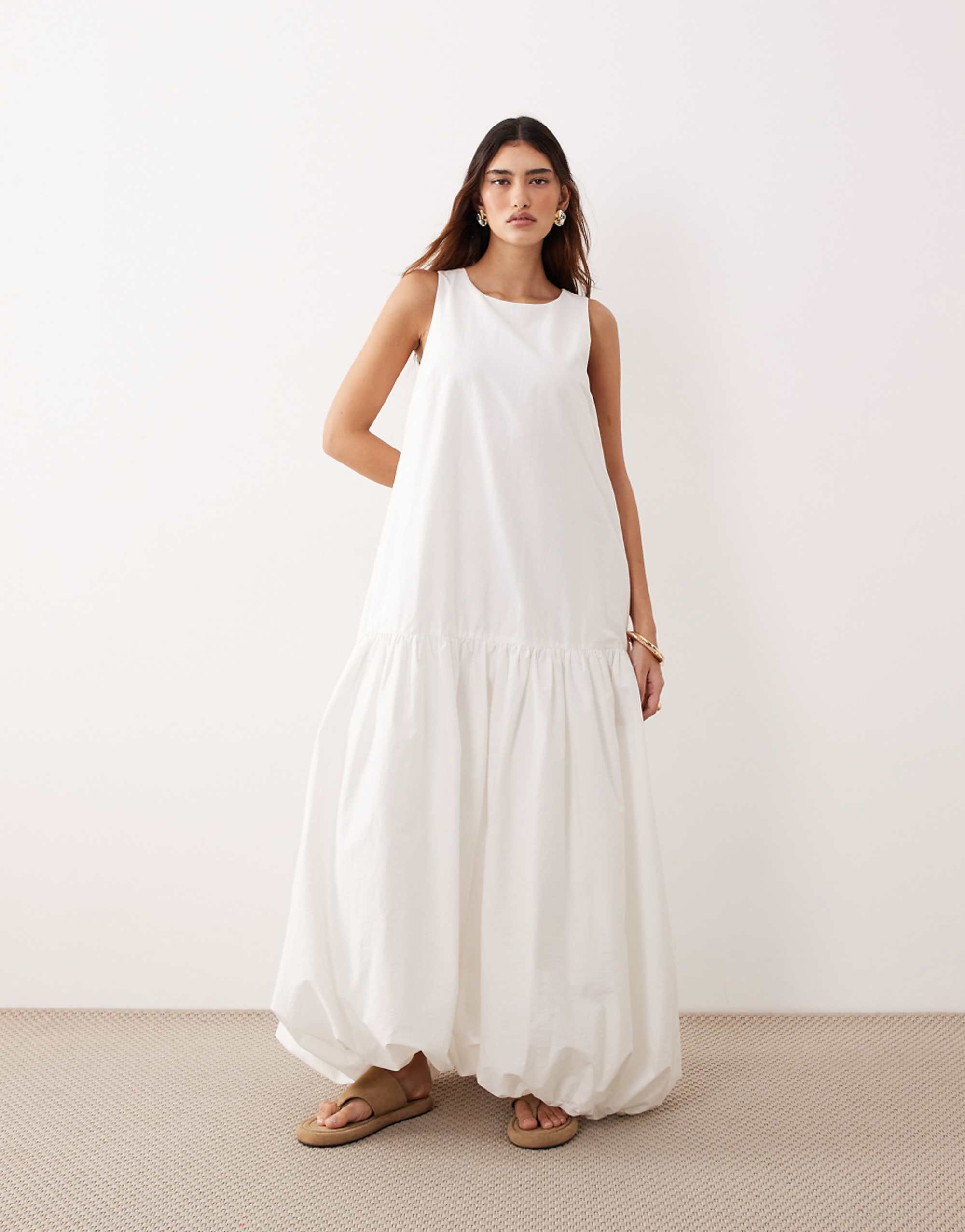 Arrange Drop Waist Maxi Dress With Puffball Hem in White