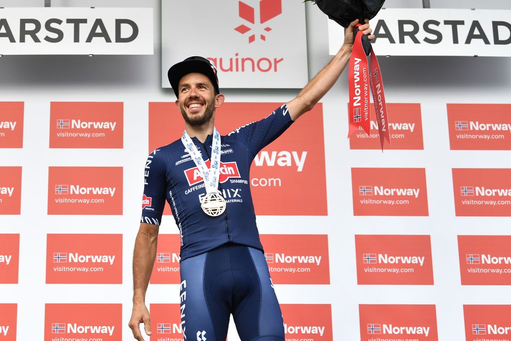 HARSTAD NORWAY AUGUST 08 Philipp Walsleben of Germany and Team AlpecinFenix celebrates at podium as stage winner during the 8th Arctic Race Of Norway 2021 Stage 4 a 1635km stage from Gratangen to Harstad 54m ArcticRace on August 08 2021 in Harstad Norway Photo by Stuart FranklinGetty Images