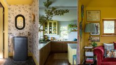 Three pictures of yellow paints in living rooms and kitchens