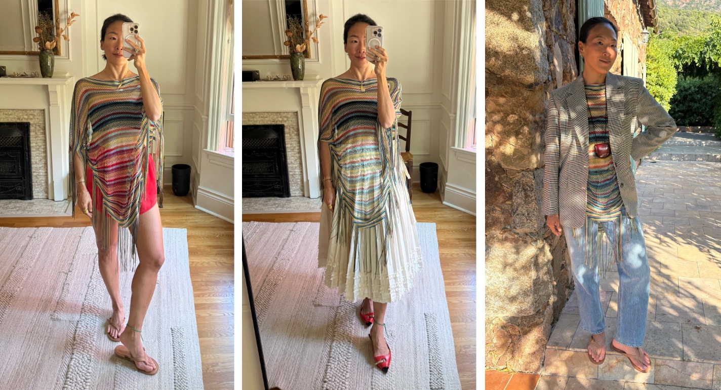 Irene Kim Fritz wearing a poncho in several ways