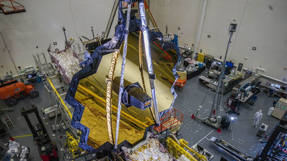 NASA&#039;s James Webb Space Telescope in the clean room at Northrop Grumman, Redondo Beach, California, in July 2020. Its launch is now scheduled for Oct. 31, 2021.