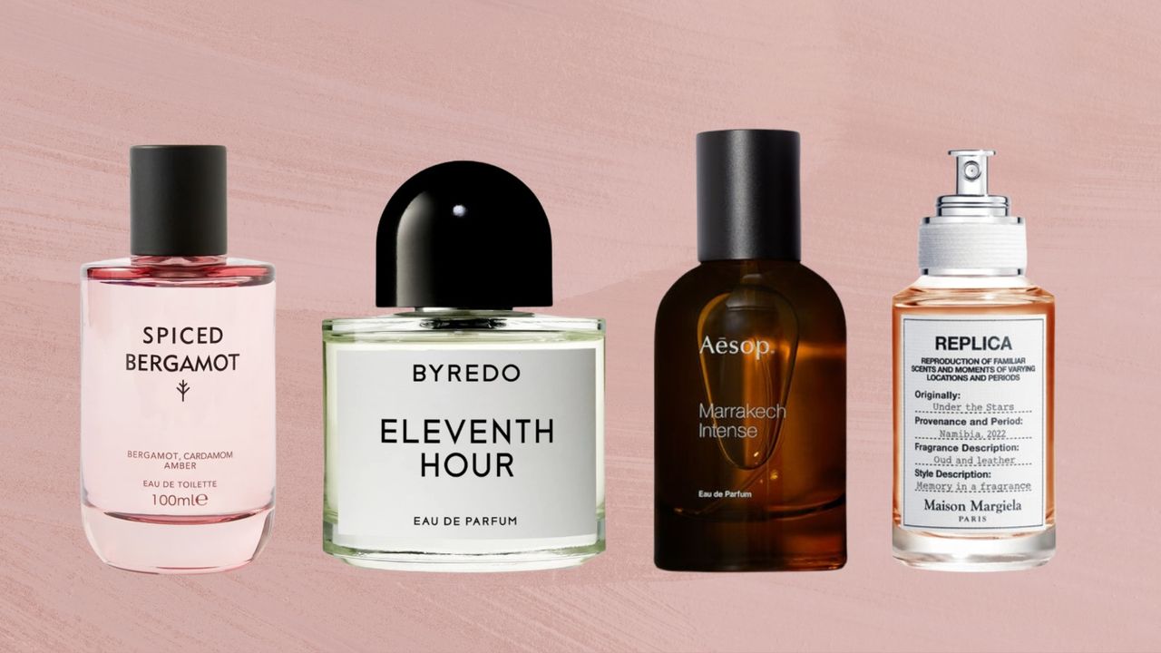 A selection of Spicy perfumes from M&amp;S, Byredo, Aesop and Maison Margiela/ in a pink template