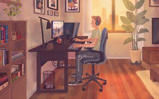 An illustration of a PC gamer sitting at their desk.