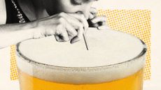 Photo collage of a woman snorting beer foam from a giant pint glass through a drinking straw.