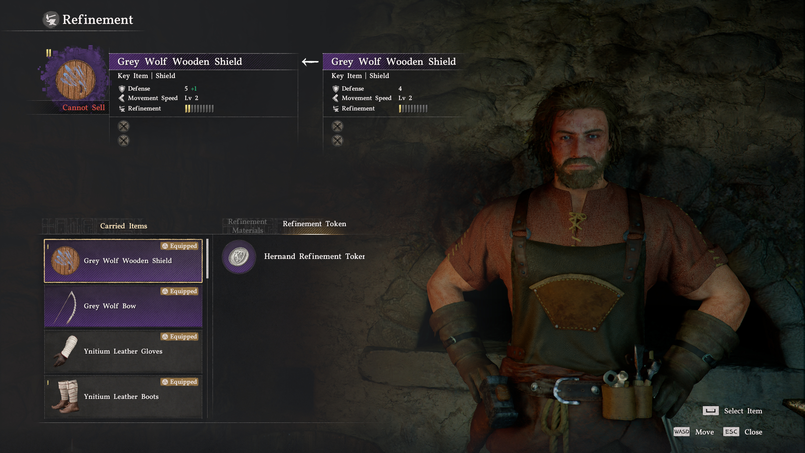 Crimson Desert Refinement Tokens: A player using a Hernand Refinement Token on a shield at blacksmith Turnali.