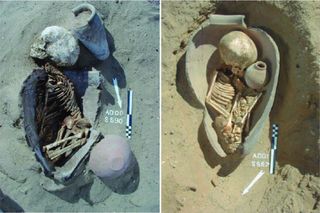 Here, the remains of children buried in pots at a cemetery in Adaïma, Egypt, dating to the Pre- to Early Dynastic period (5500 to 2700 B.C.).