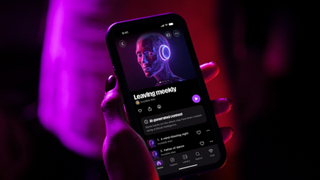 Deezer shot of a person holding a phone with AI generated content