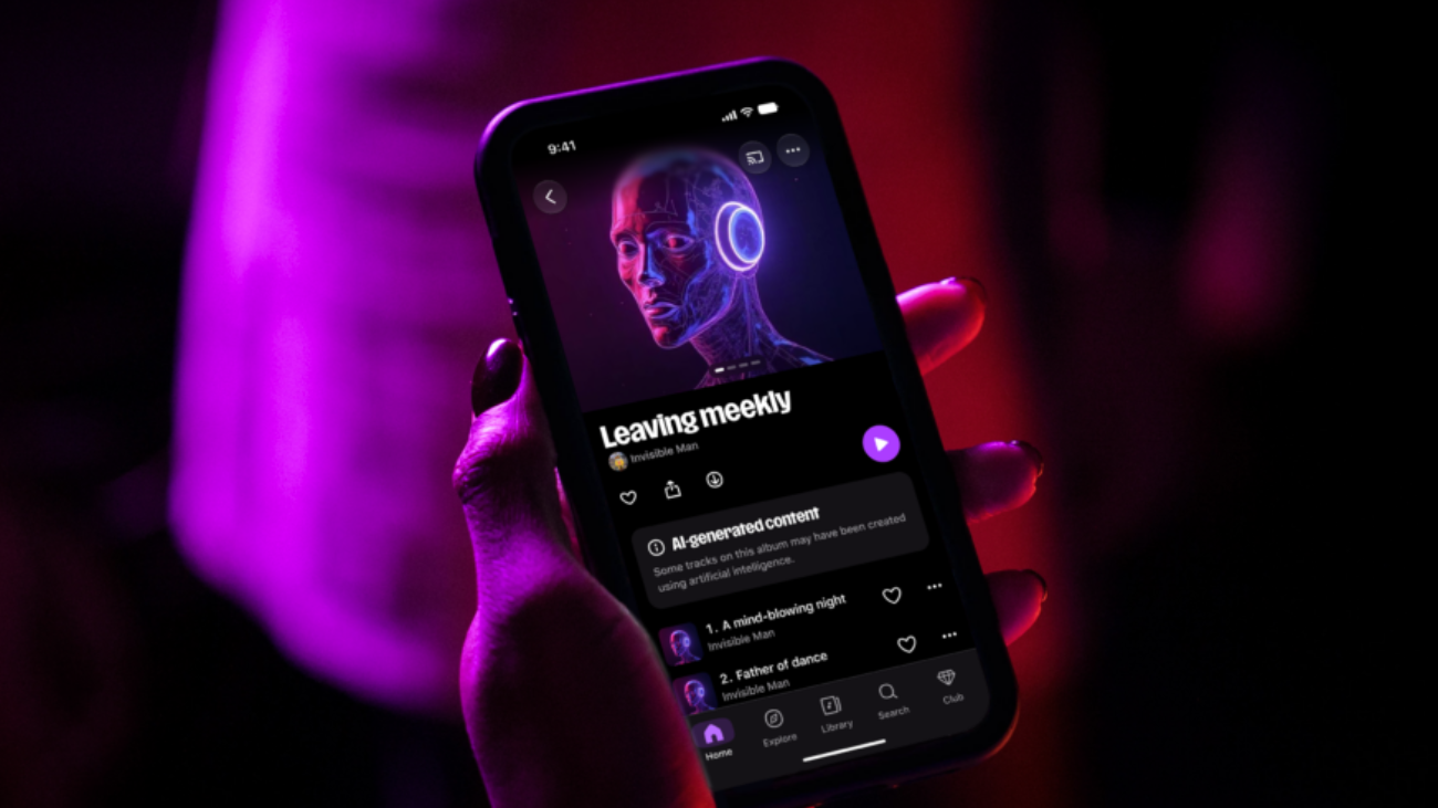 Deezer shot of a person holding a phone with AI generated content 