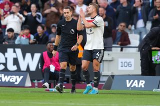 Matthijs De Ligt pleads with referee David Coote after West Ham were awarded a late penalty