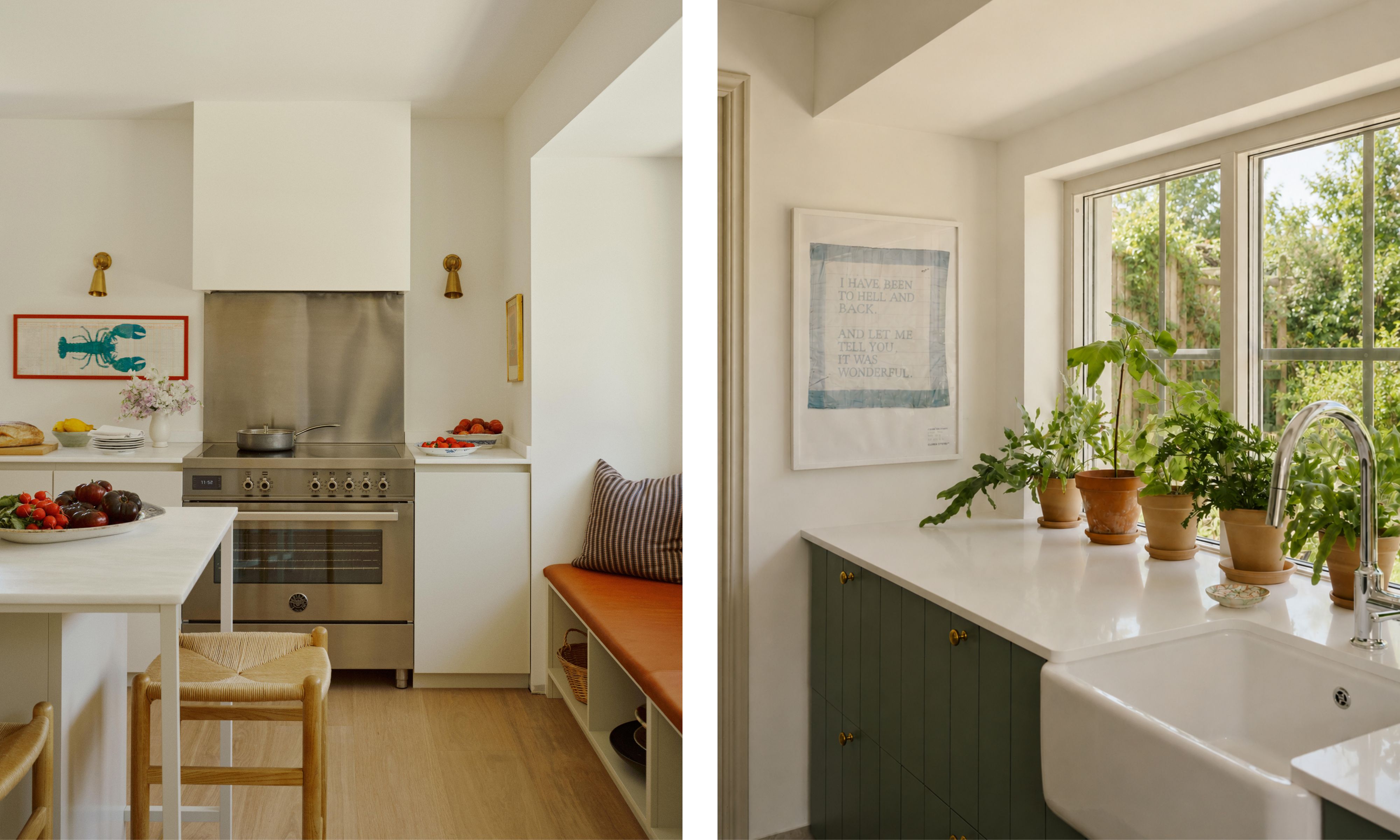 two side by side images of a Swedish summer house kitchen with stainless steel oven and green painted sink area