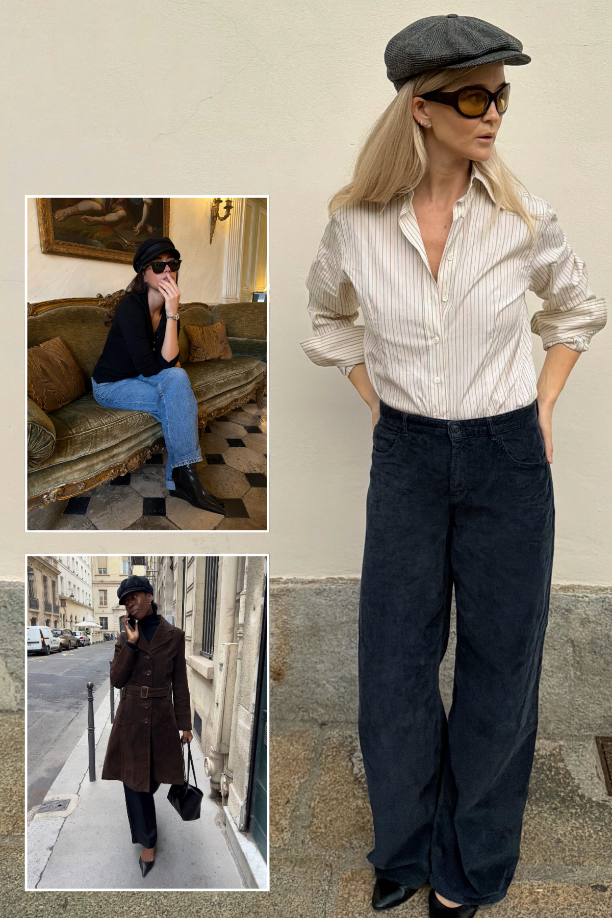 A collage of the baker boy hat trend, one of the biggest styles to make a comeback for winter.