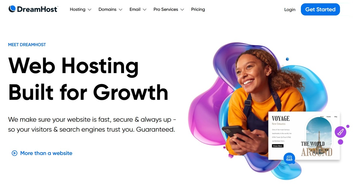 Screenshot of DreamHost website main landing page