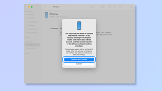 A screenshot of Finder on Mac with a notification asking to Restore and Update the iPhone. 