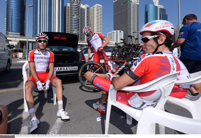 Katusha riders await the start of stage 3 at the Dubai Tour
