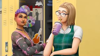 The best Sims 4 DLCs - The Sims 4 Highschool Years - two teen sims stand beside their lockers together